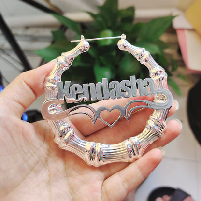 Heart Outline Bamboo Name Hoop Earrings