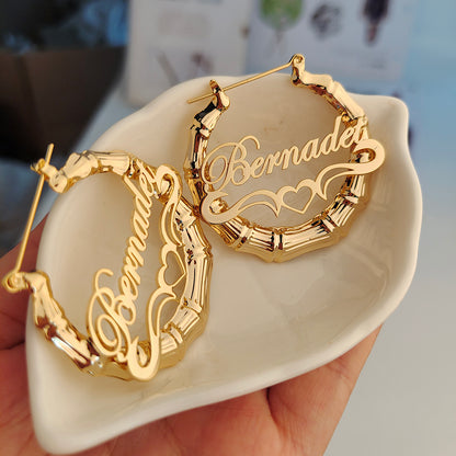 Heart Outline Bamboo Name Hoop Earrings