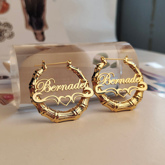 Heart Outline Bamboo Name Hoop Earrings