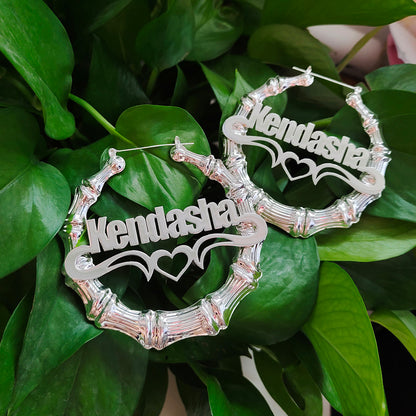 Heart Outline Bamboo Name Hoop Earrings